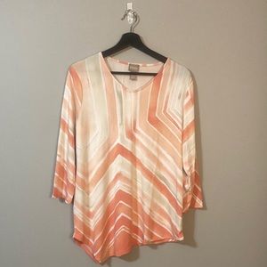 Chico’s Peach and beige 3/4 sleeve asymmetrical top